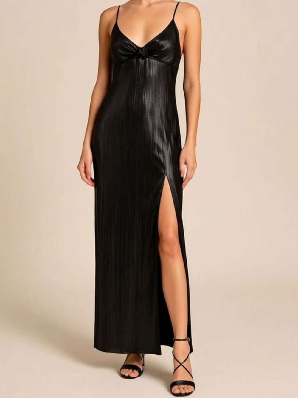Emerson Faux Liquid Leather Rosette Detail Slip Dress